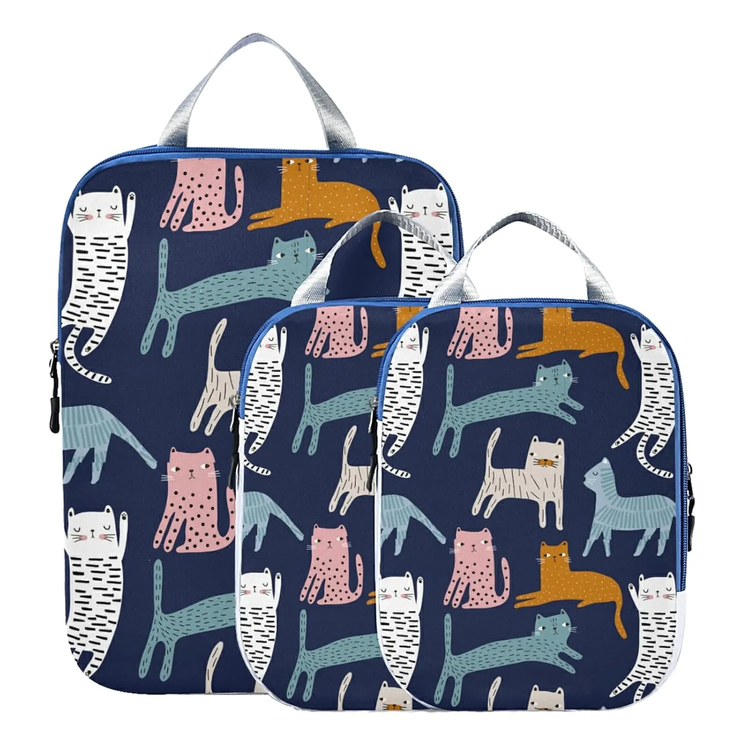 Cute Colorful Cats Creative Childish Cats on Dark Blue 3 Piece set Cubes Expandable Adjustable Luggage Packing Bags, Ultralight Organizer Accessories Travel Suitcase Compressible Bags