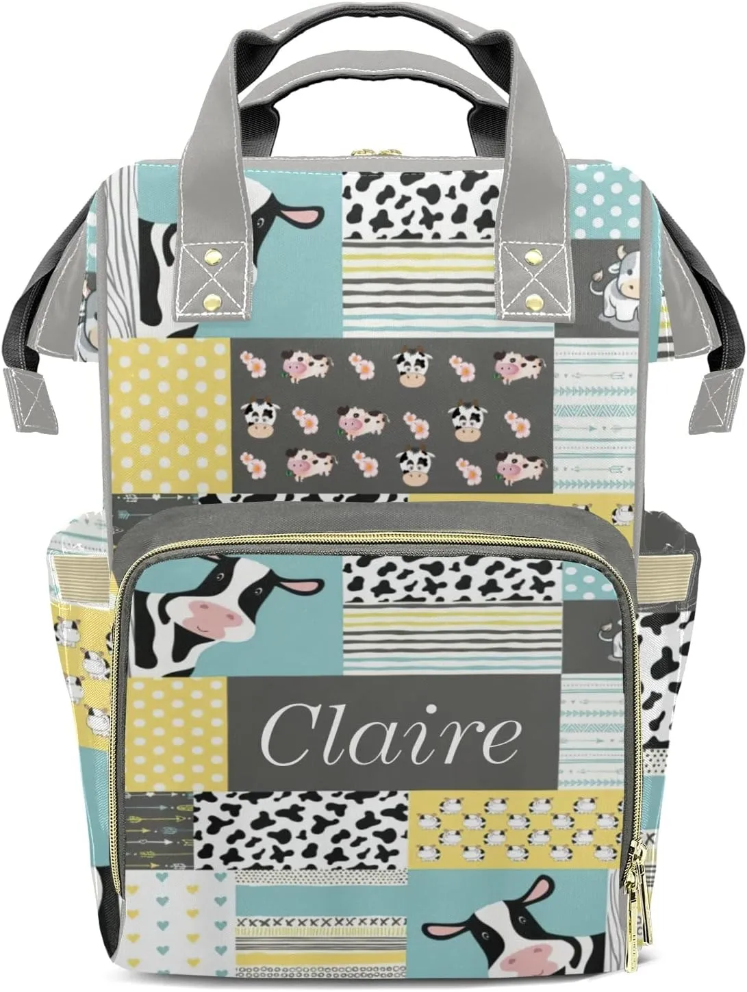 Cute Cow Pattern Personalized Diaper Bag Backpack Name Custom Mommy Nappy Baby Bag Daypack for Mom Dad Gifts