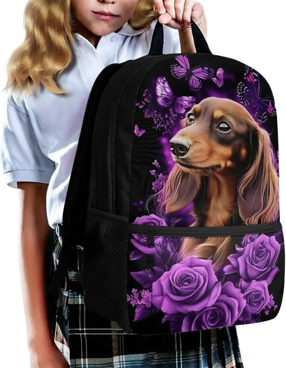 Cute Dachshund Floral Backpack for Girls Bookbag Primary School Daypack Elementary Students Knapsack