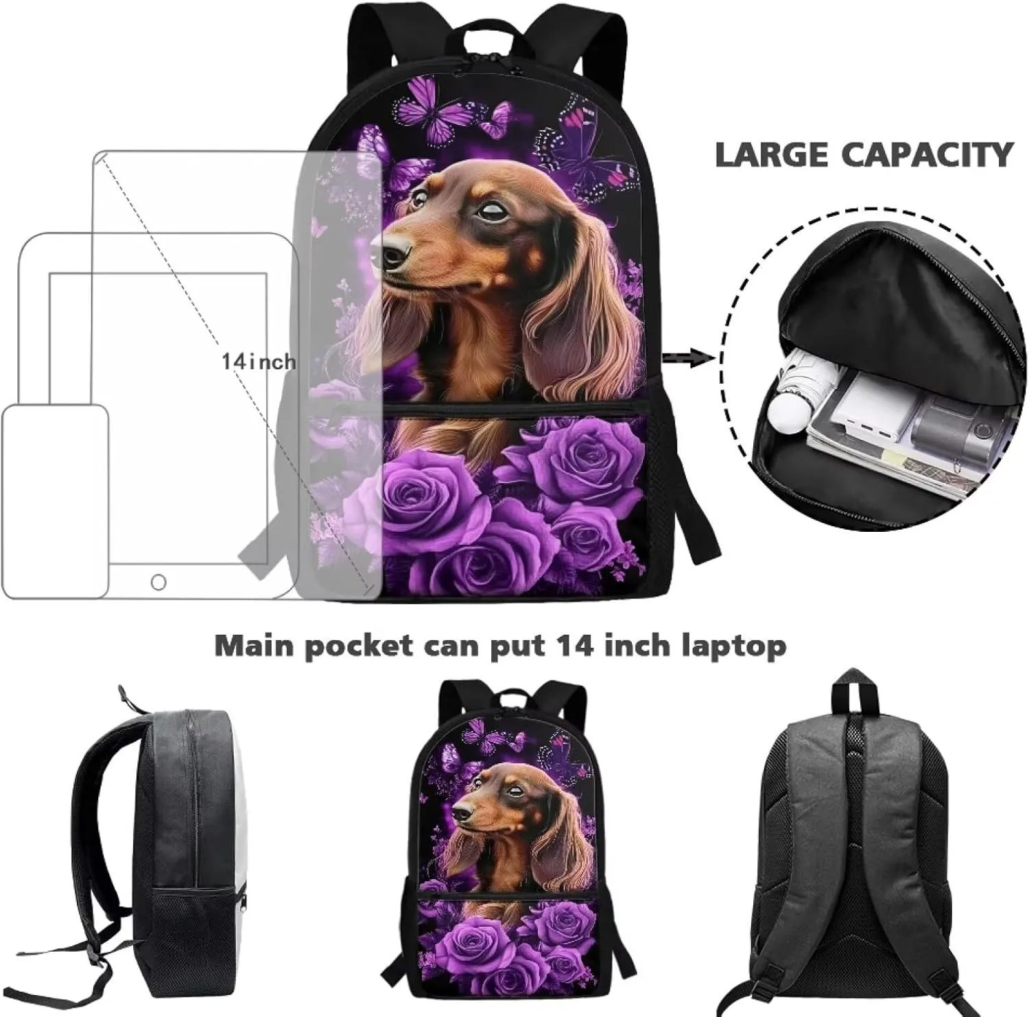 Cute Dachshund Floral Backpack for Girls Bookbag Primary School Daypack Elementary Students Knapsack