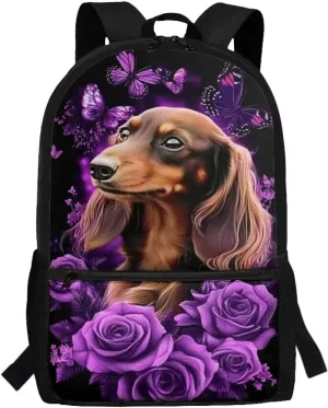 Cute Dachshund Floral Backpack for Girls Bookbag Primary School Daypack Elementary Students Knapsack