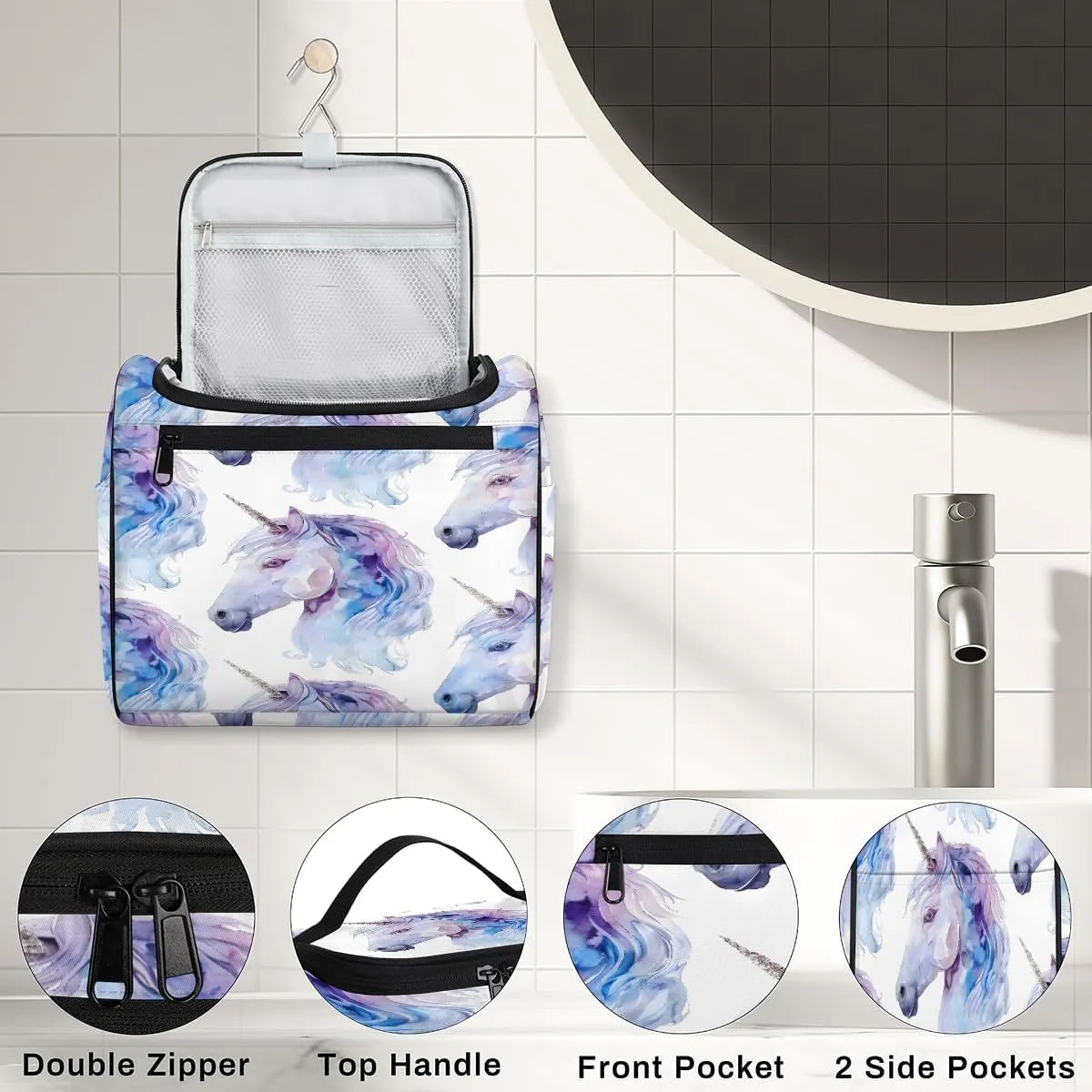 Cute Unicorn Horse Travel Toiletry Bag for Men and Women, Large Hanging Makeup Bag Organizer Toiletries Bag for Travel, Cosmetic Bag with Handle