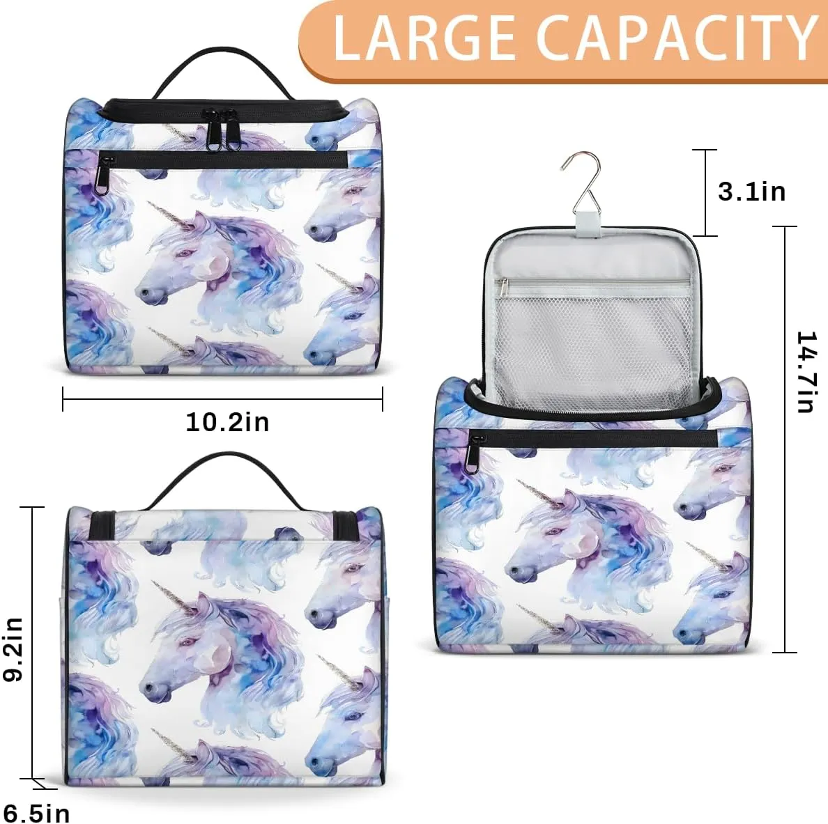 Cute Unicorn Horse Travel Toiletry Bag for Men and Women, Large Hanging Makeup Bag Organizer Toiletries Bag for Travel, Cosmetic Bag with Handle