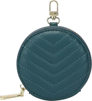 Daisy Rose Round Quilted Chevron Coin Purse Pouch Change Wallet Holder with clasp - PU Vegan Leather - Turquoise