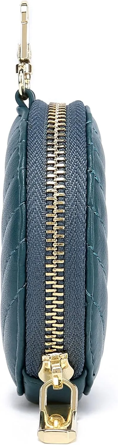 Daisy Rose Round Quilted Chevron Coin Purse Pouch Change Wallet Holder with clasp - PU Vegan Leather - Turquoise