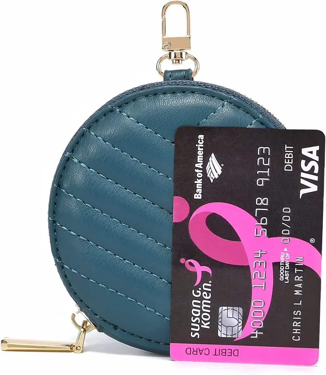 Daisy Rose Round Quilted Chevron Coin Purse Pouch Change Wallet Holder with clasp - PU Vegan Leather - Turquoise