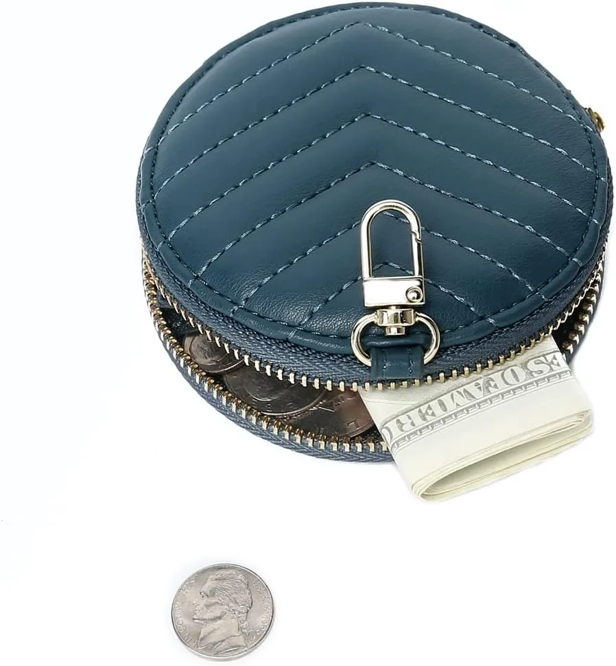 Daisy Rose Round Quilted Chevron Coin Purse Pouch Change Wallet Holder with clasp - PU Vegan Leather - Turquoise