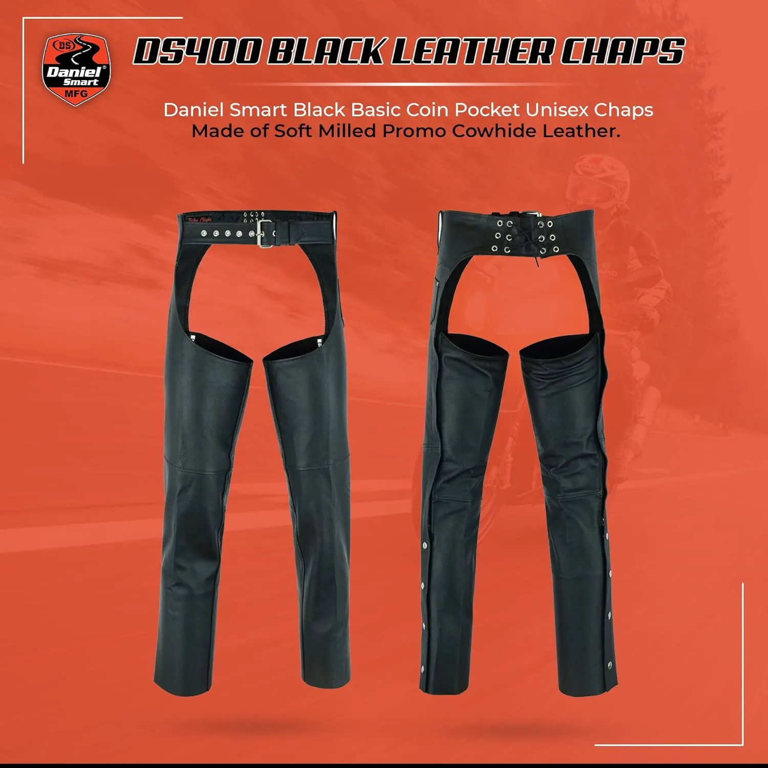 Daniel Smart Motorcycle Leather Chaps All Season Unisex Biker Assless Chaps with Customizable fit