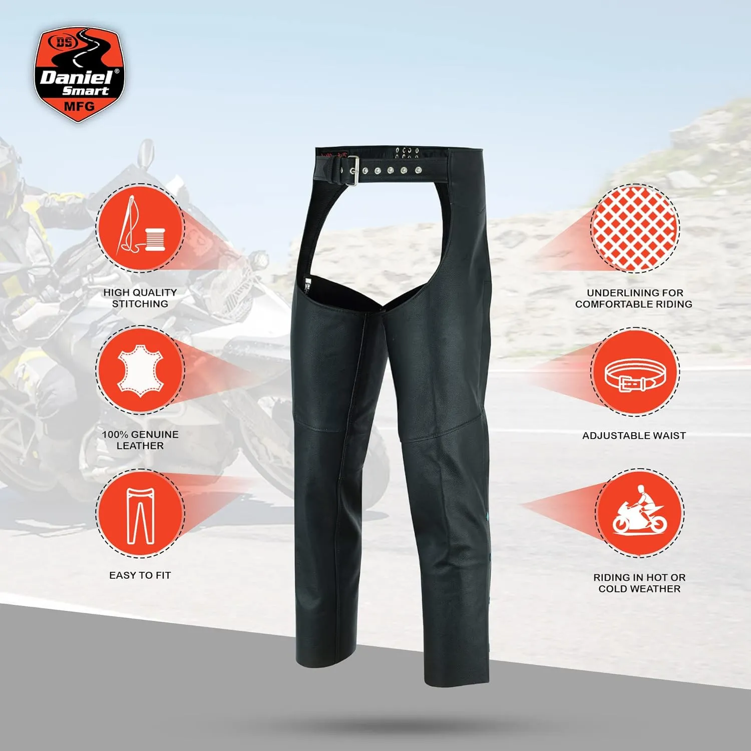 Daniel Smart Motorcycle Leather Chaps All Season Unisex Biker Assless Chaps with Customizable fit