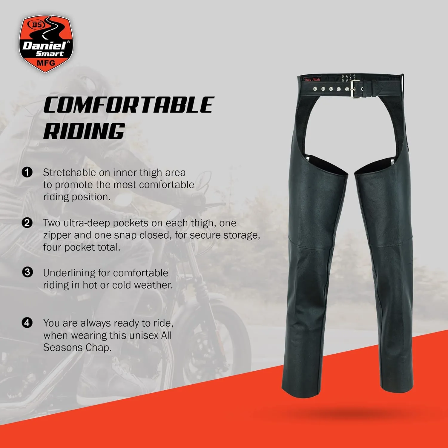 Daniel Smart Motorcycle Leather Chaps All Season Unisex Biker Assless Chaps with Customizable fit