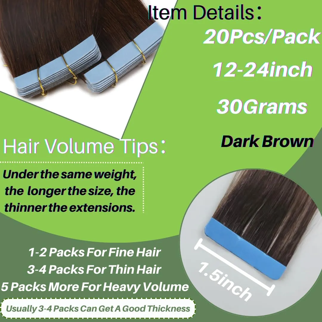 Dark Brown Tape in Hair Extensions Human Hair for Women Invisible 16 InchRemy Human Hair Extensions Tape in Hair