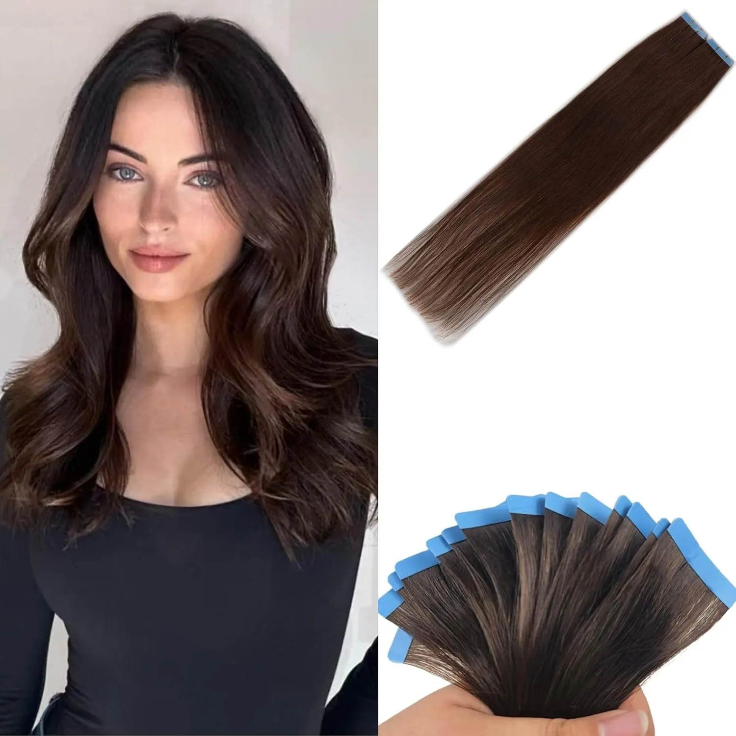 Dark Brown Tape in Hair Extensions Human Hair for Women Invisible 16 InchRemy Human Hair Extensions Tape in Hair