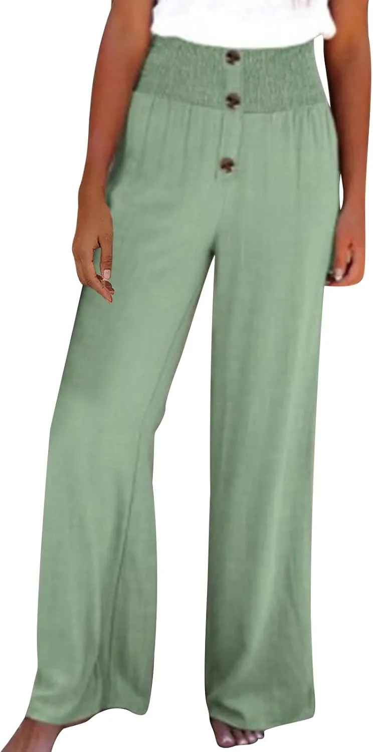 DASAYO Cotton Linen Pants for Women Smocked High Waisted Palazzo Pants Ladies Dressy Casual Wide Leg Trousers Summer Fashion