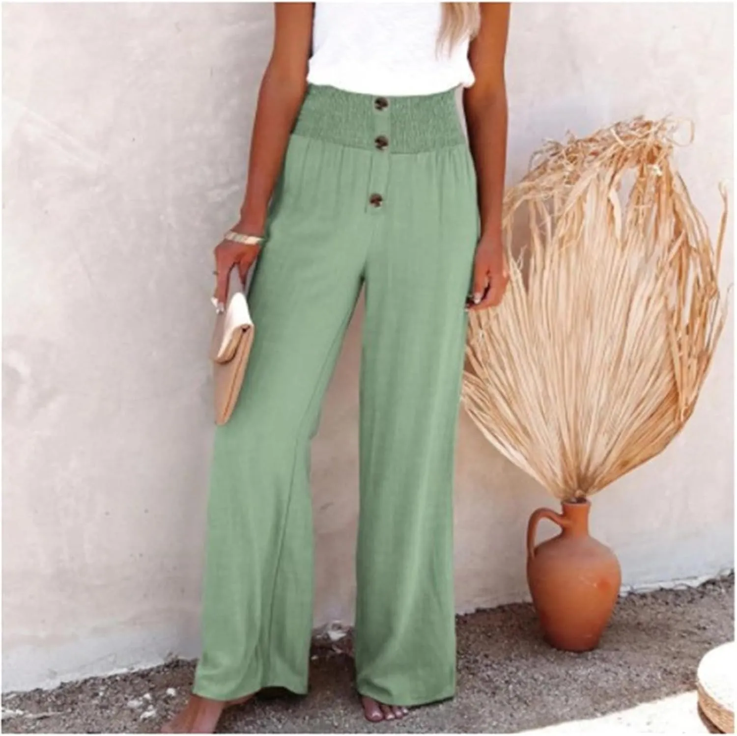 DASAYO Cotton Linen Pants for Women Smocked High Waisted Palazzo Pants Ladies Dressy Casual Wide Leg Trousers Summer Fashion