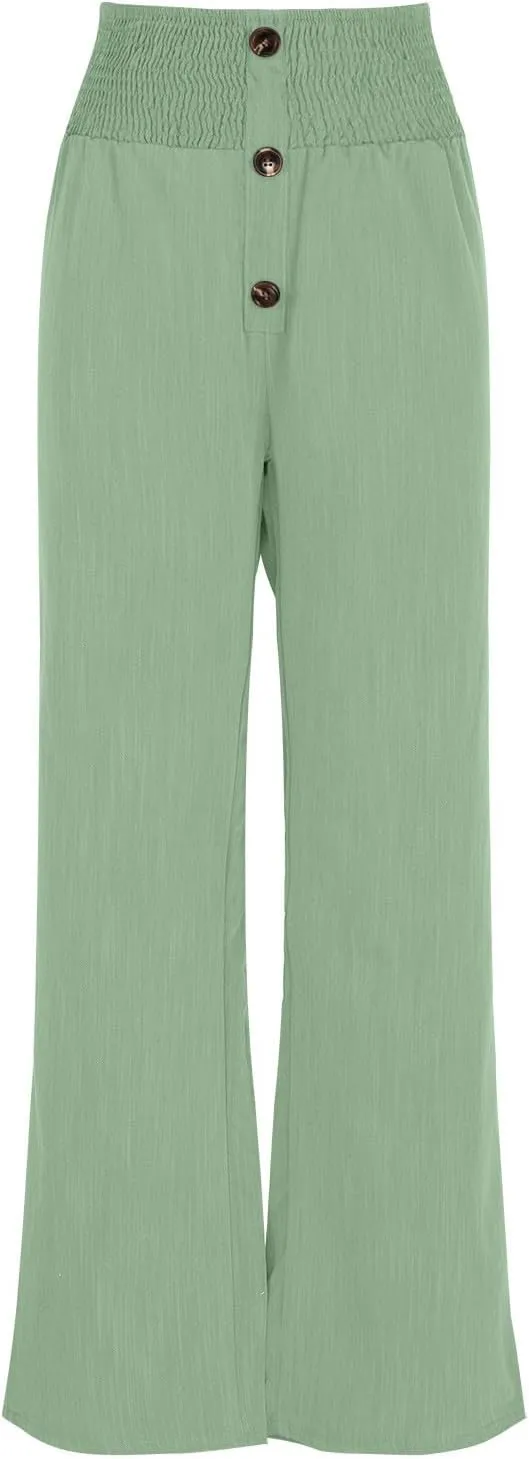 DASAYO Cotton Linen Pants for Women Smocked High Waisted Palazzo Pants Ladies Dressy Casual Wide Leg Trousers Summer Fashion