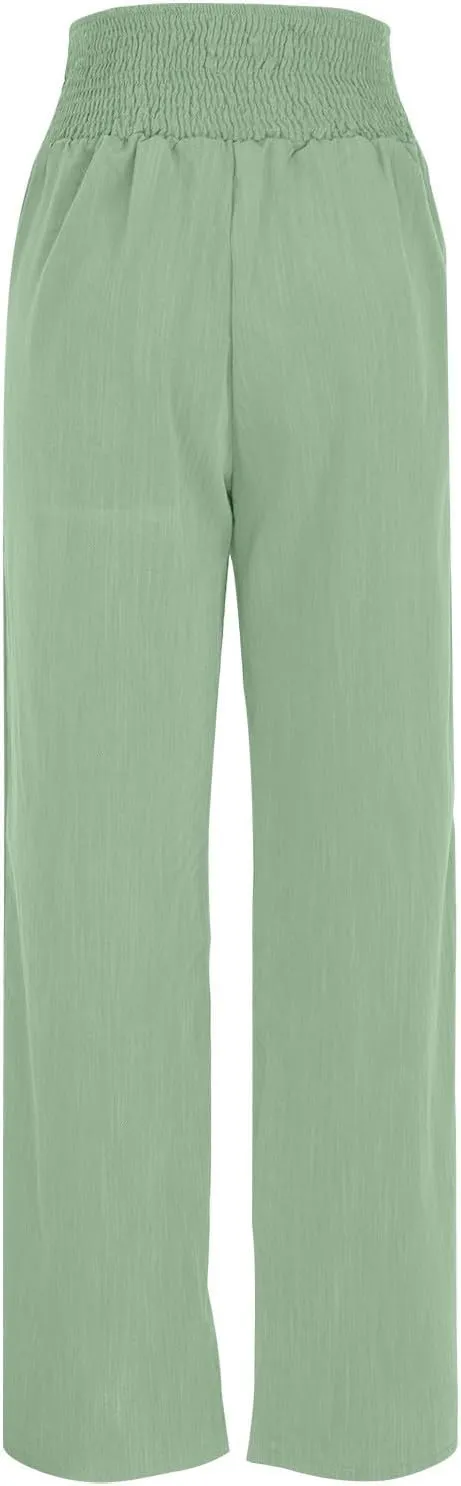 DASAYO Cotton Linen Pants for Women Smocked High Waisted Palazzo Pants Ladies Dressy Casual Wide Leg Trousers Summer Fashion