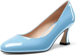 DearOnly Womens Close Round Toe Sexy Casual Slip-on Pumps Patent Leather Mid Heel Basic Classic Office Shoes 2.6 Inches Heels