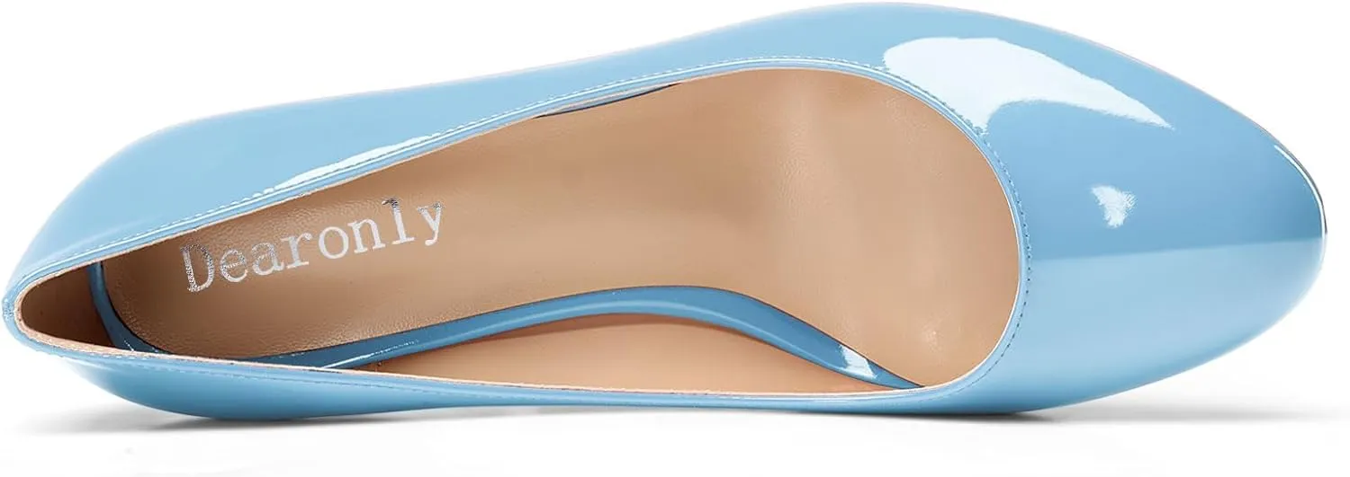 DearOnly Womens Close Round Toe Sexy Casual Slip-on Pumps Patent Leather Mid Heel Basic Classic Office Shoes 2.6 Inches Heels