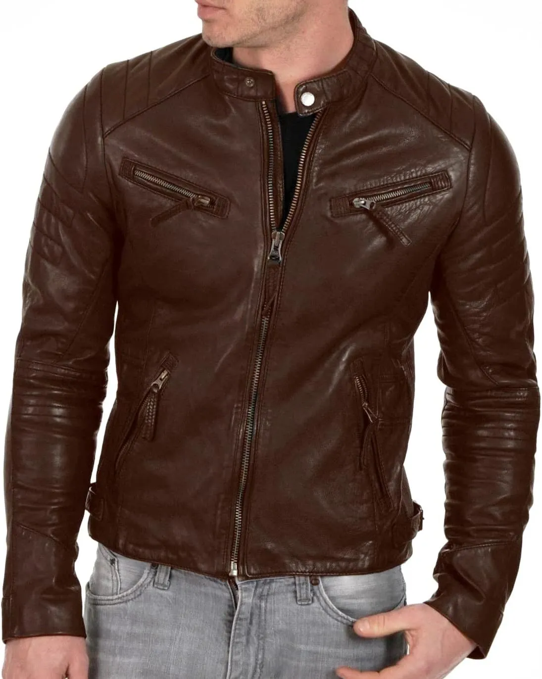 DECIMAL Men's Black & BROWN Genuine Lambskin Leather Biker Jacket VINTAGE REAL MOTORCYCLE JACKETS FOR MEN