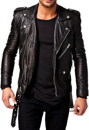 DECIMAL Men's Black REAL Lambskin Leather Biker Jacket VINTAGE GENUINE MOTORCYCLE JACKETS FOR MEN