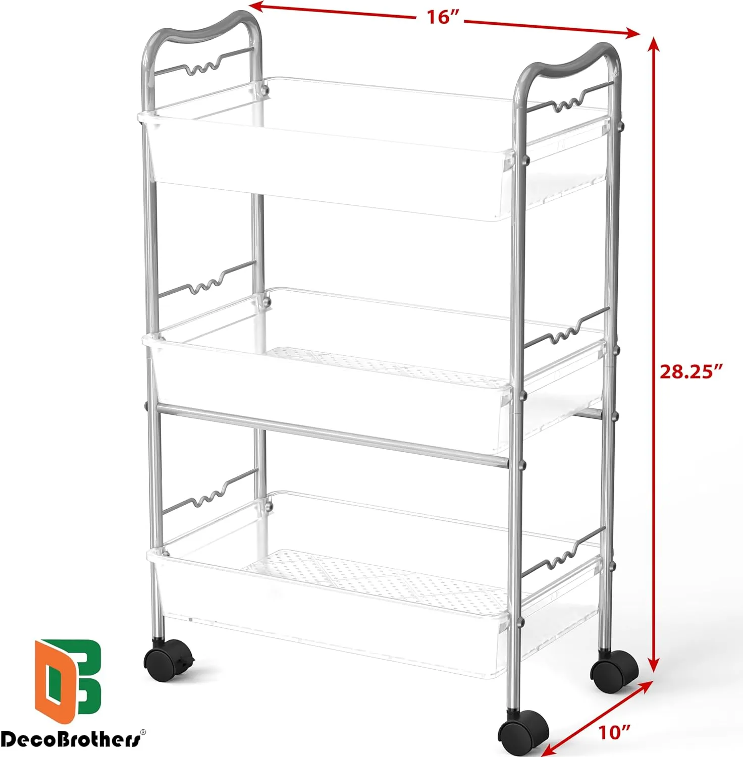 Deco Brothers 3 Tier Metal Rolling Storage Utility Cart with Wheels, Silver