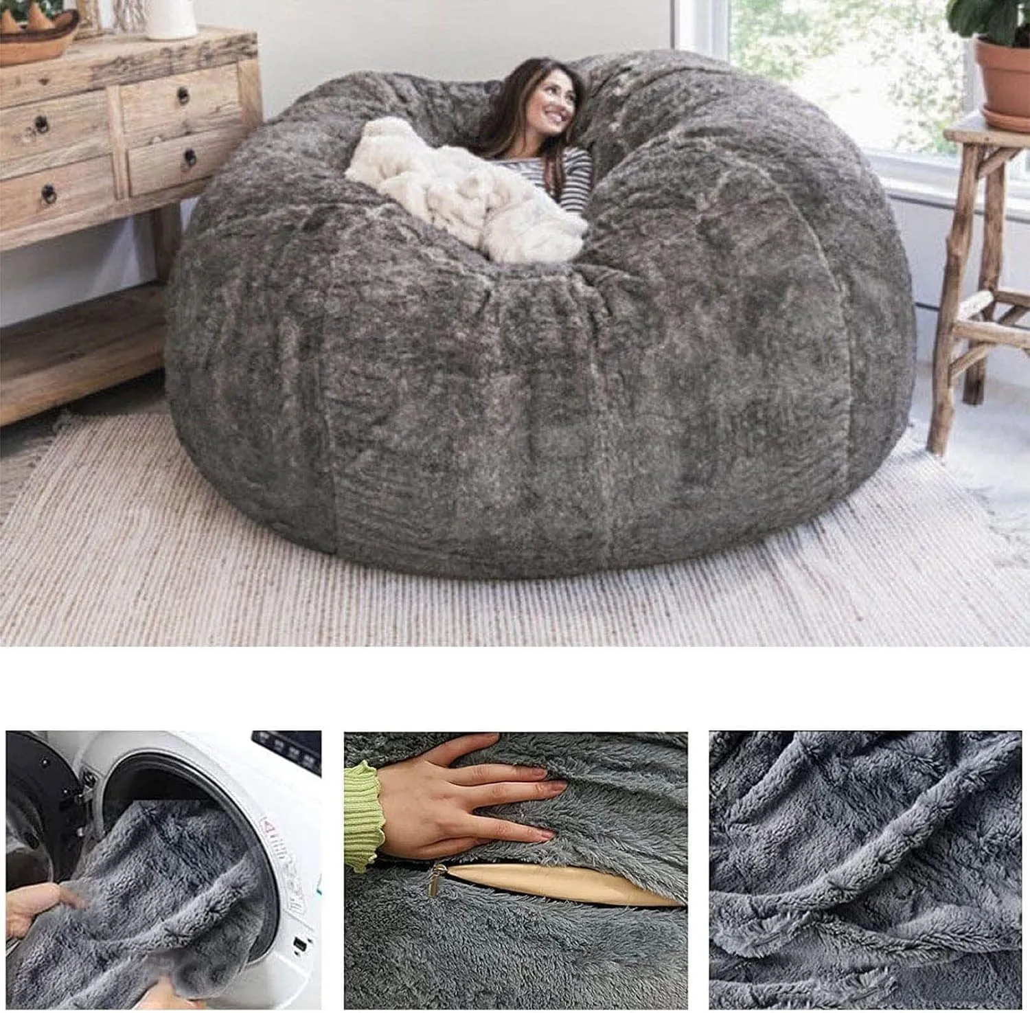 DELADOLA Bean Bag Cover - NO Filler, Big Soft Fluffy Fur Portable Living Room Sofa Bed Cover (Gemstone Blue, 7FT)