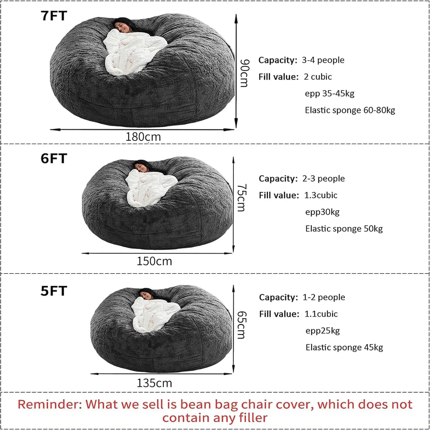 DELADOLA Bean Bag Cover - NO Filler, Big Soft Fluffy Fur Portable Living Room Sofa Bed Cover (Gemstone Blue, 7FT)