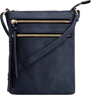 DELUXITY | Crossbody Purse Bag | Functional Multi Pocket Double Zipper Purse | Adjustable Strap | Medium Size Purse | Navy