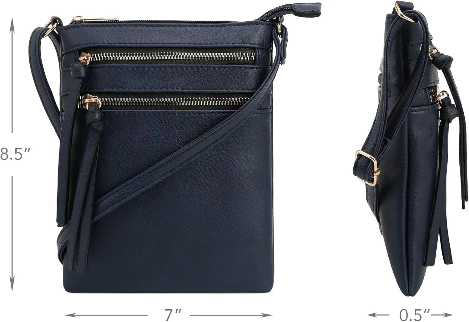DELUXITY | Crossbody Purse Bag | Functional Multi Pocket Double Zipper Purse | Adjustable Strap | Medium Size Purse | Navy