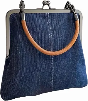 Denim Crossbody Tote Bags For Women, Mini Blue Denim Totebag Kiss Lock Purses And Handbags Accessories