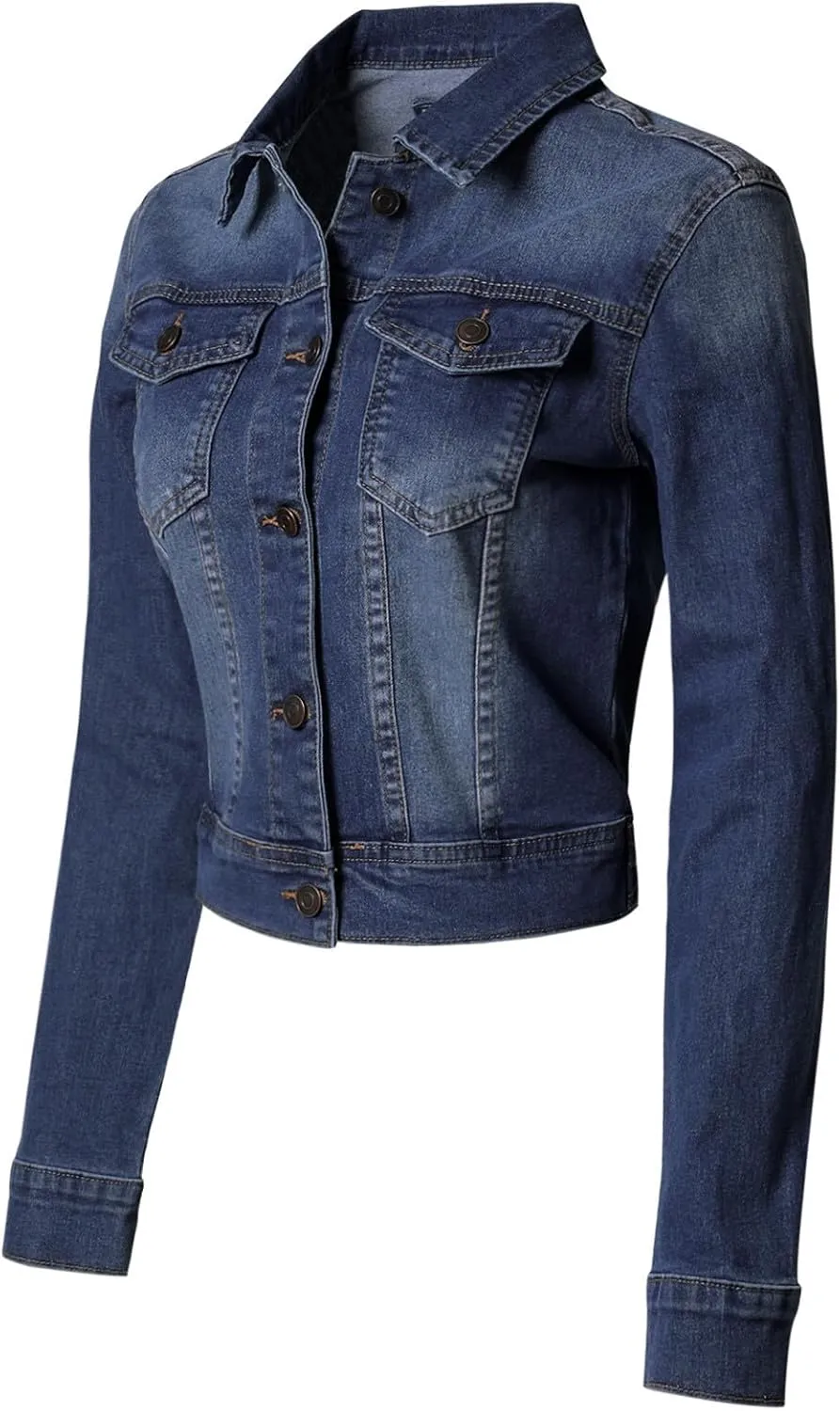 Design by Olivia Women's Classic/Destroyed Vintage Washed Long Sleeve Denim Jean Jacket