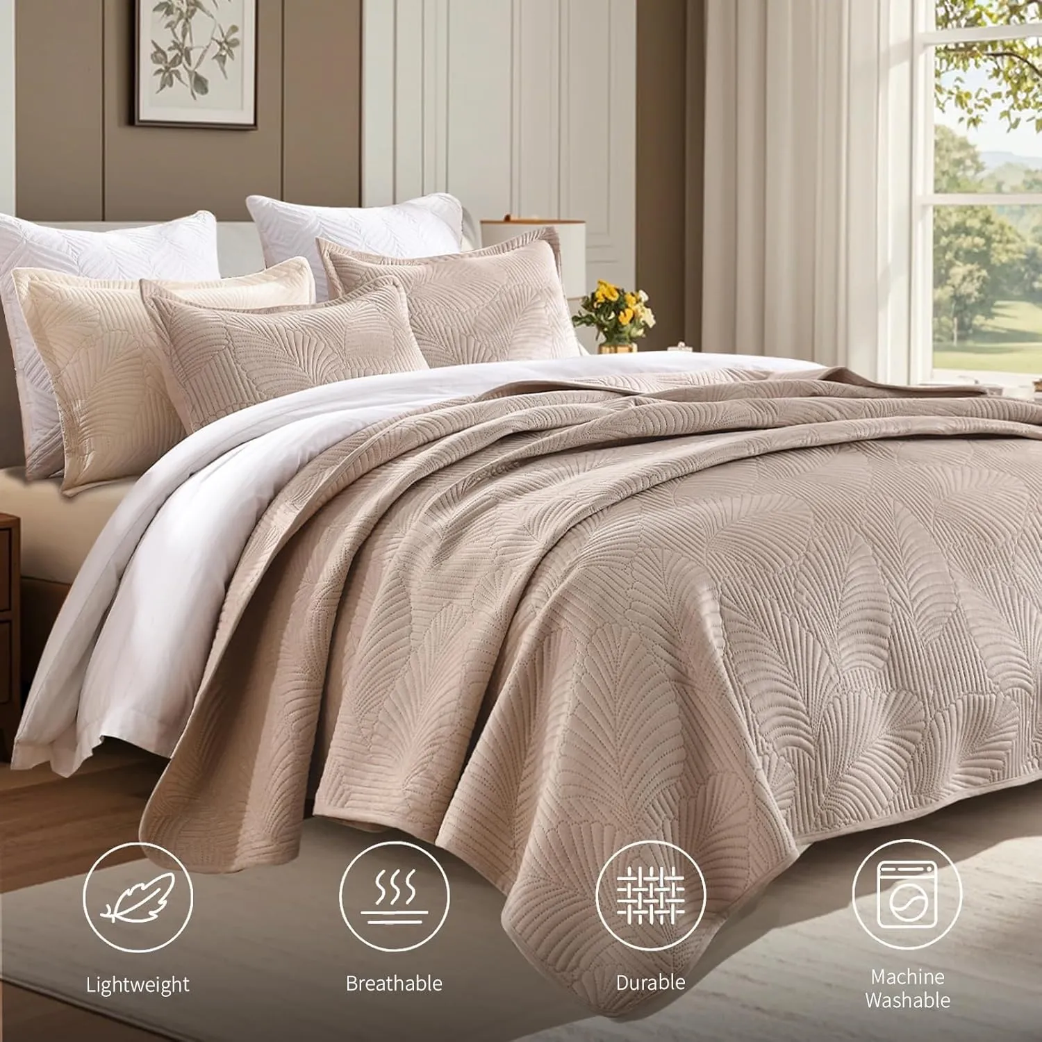 DEVIONIX Velvet Quilt King Size, 3-Piece Lightweight Soft Summer Quilt Bedding Set, Breathable Light Taupe Bedspread with Pillow Shams, Luxury Ultrasonic Leaf Pattern Coverlet for All Season