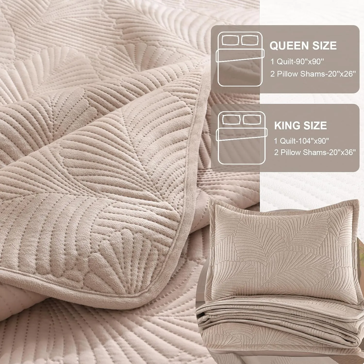 DEVIONIX Velvet Quilt King Size, 3-Piece Lightweight Soft Summer Quilt Bedding Set, Breathable Light Taupe Bedspread with Pillow Shams, Luxury Ultrasonic Leaf Pattern Coverlet for All Season