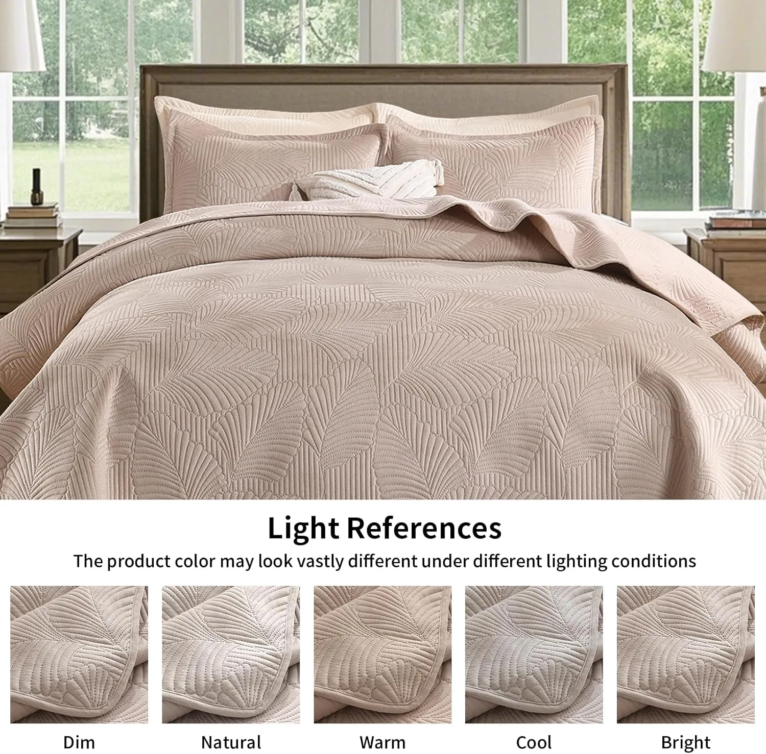DEVIONIX Velvet Quilt King Size, 3-Piece Lightweight Soft Summer Quilt Bedding Set, Breathable Light Taupe Bedspread with Pillow Shams, Luxury Ultrasonic Leaf Pattern Coverlet for All Season