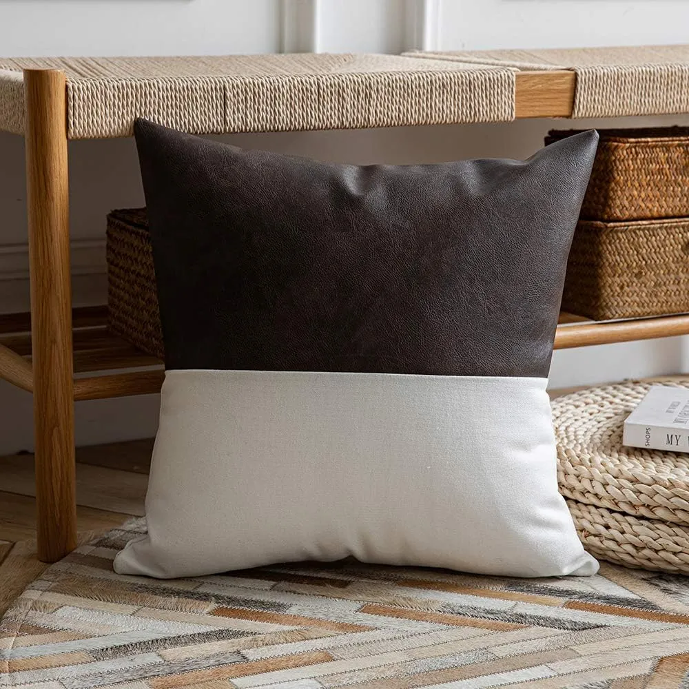 DEZENE Leather Throw Pillow Covers, Set of 2 Modern Leather/Cotton Decorative Pillowcases for Home Decor Bedroom Living Room Couch Bed Sofa, 20x20 Inch, Dark-Brown and White