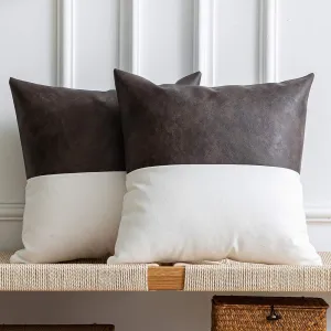 DEZENE Leather Throw Pillow Covers, Set of 2 Modern Leather/Cotton Decorative Pillowcases for Home Decor Bedroom Living Room Couch Bed Sofa, 20x20 Inch, Dark-Brown and White