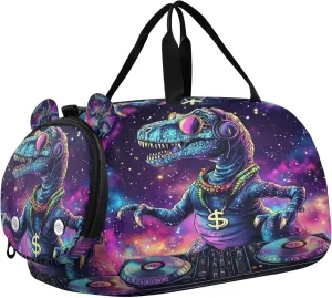 Dinosaur Dj Turntables Music Galaxy Sports Duffle Bag for Kids Girls Boys, Gym Bag with Shoe Compartments, Kids Travel Overnight Weekender Shoulder Bag