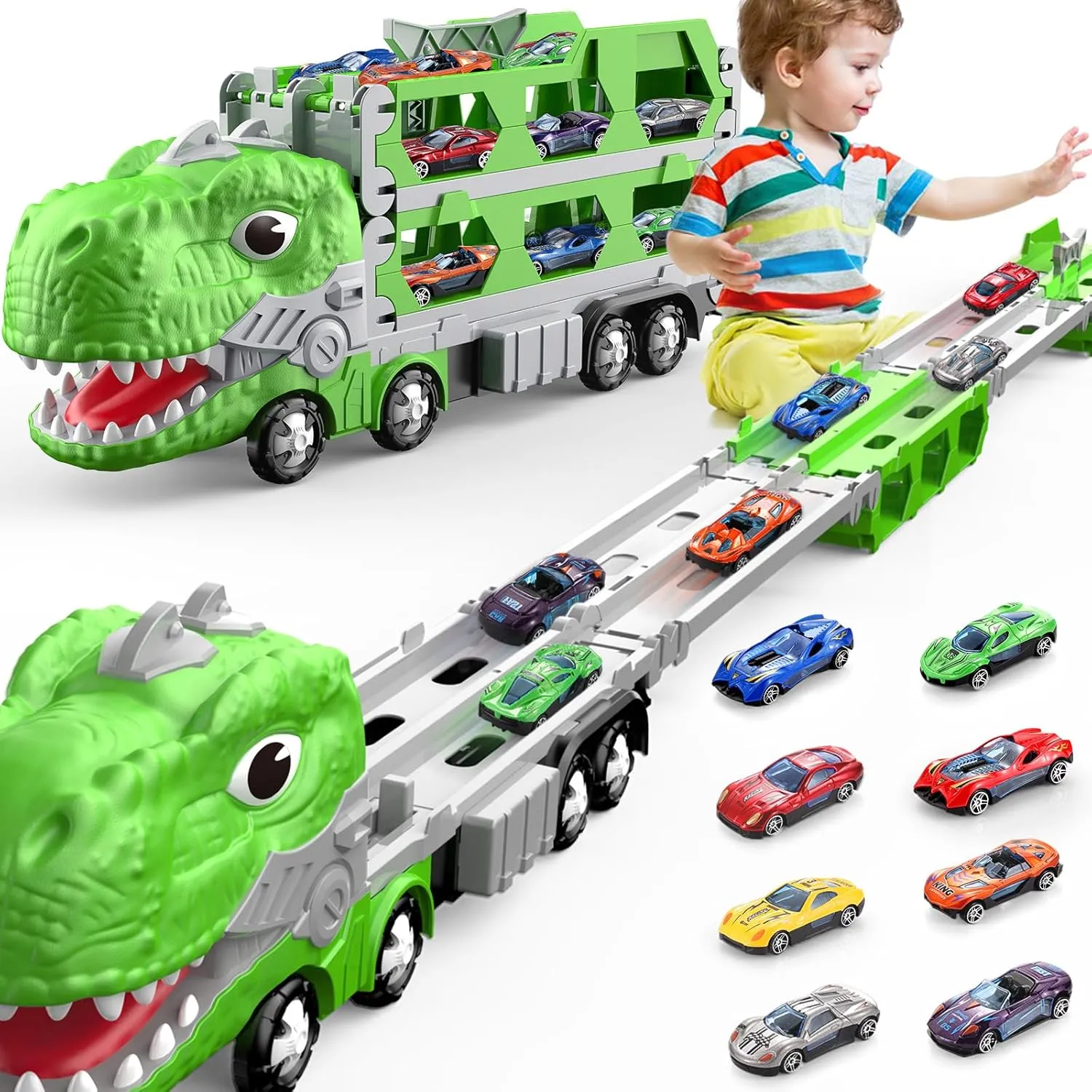 Dinosaur Truck Toys for Kids Toddlers, 5.6-FT Foldable 5-Layer Race Track with 8 Die-Cast Race Cars Toy, Transport Car Carrier Garage Toy, Birthday Gifts Toys for Kids Boys Ages 3 4 5 6 7 8