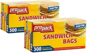 Disposable Plastic Sandwich Bags with Fold Close Top 600 Bags, Great for Home, Office, Vacation, Traveling, Sandwich, Fruits, Nuts, Cake, Cookies, Or Any Snacks (2 Packs)