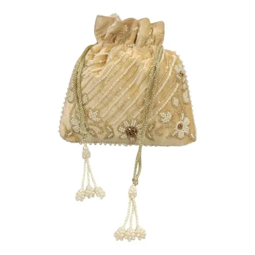 DMS RETAIL Handcrafted with Pearl Handle and Tassels | Embroidered Bridal Clutch for Weddings, Parties, and Gifting | Elegant Drawstring Potli for Women (GOLDEN)