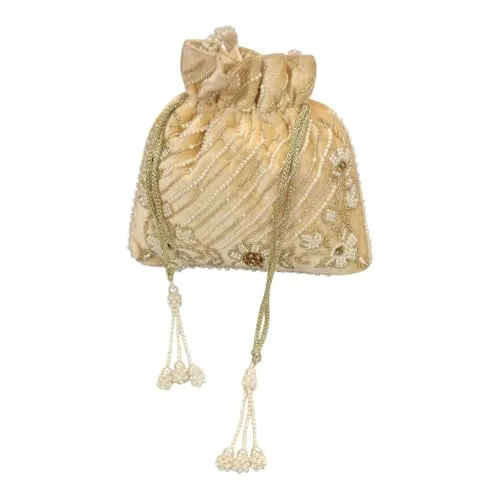 DMS RETAIL Handcrafted with Pearl Handle and Tassels | Embroidered Bridal Clutch for Weddings, Parties, and Gifting | Elegant Drawstring Potli for Women (GOLDEN)