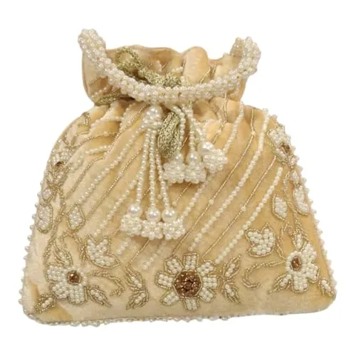 DMS RETAIL Handcrafted with Pearl Handle and Tassels | Embroidered Bridal Clutch for Weddings, Parties, and Gifting | Elegant Drawstring Potli for Women (GOLDEN)