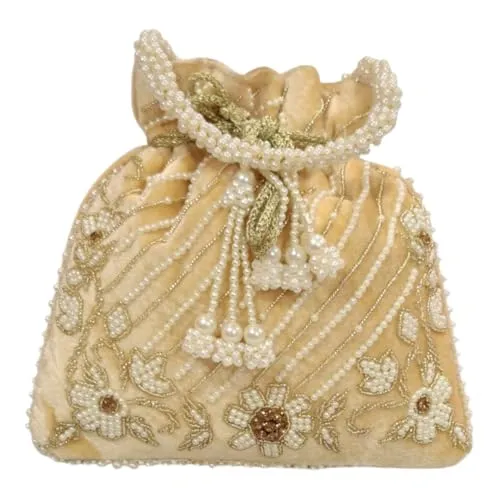 DMS RETAIL Handcrafted with Pearl Handle and Tassels | Embroidered Bridal Clutch for Weddings, Parties, and Gifting | Elegant Drawstring Potli for Women (GOLDEN)