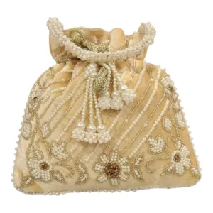 DMS RETAIL Handcrafted with Pearl Handle and Tassels | Embroidered Bridal Clutch for Weddings, Parties, and Gifting | Elegant Drawstring Potli for Women (GOLDEN)