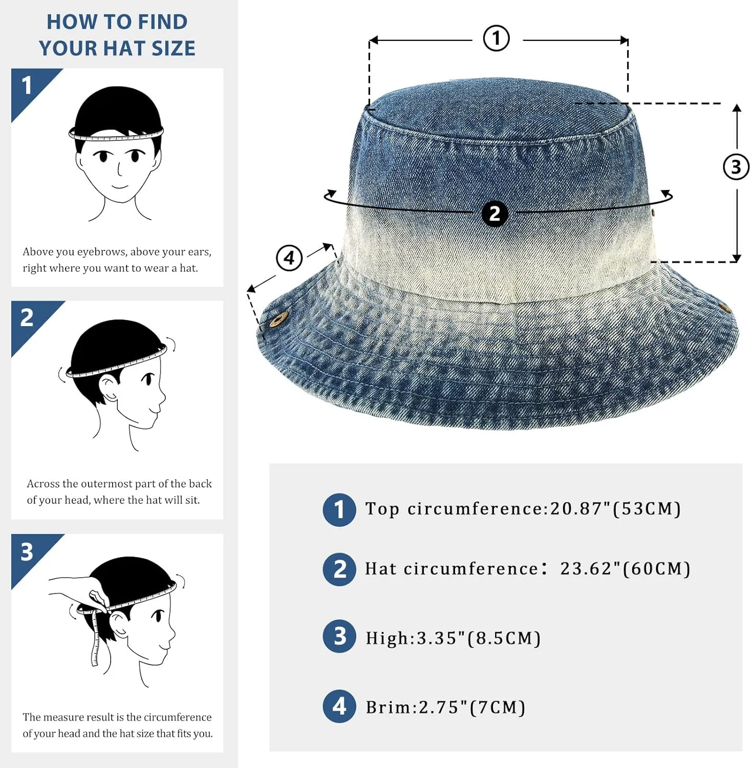 DOCILA Demin Bucket Hats for Women Men Blue Jean Western Fisherman Hats Packable Cowboy Style Outdoor Sun Hats