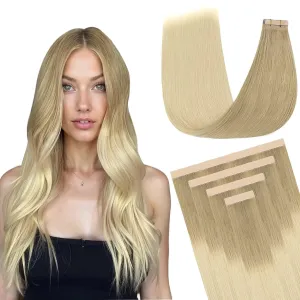 DOORES Tape in Extensions, Light Brown to Golden Platinum Blonde 14 Inch 25g 10pcs, Human Hair Extensions Tape in Remy Straight Hair Real Natural Hair Extensions