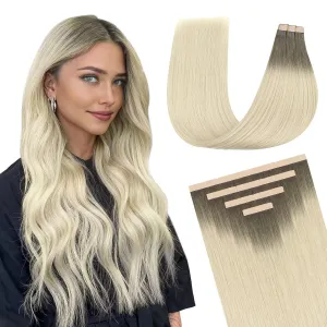 DOORES Tape in Hair Extensions Real Human Hair, Light Ash Brown to Ash Blonde 10 Inch 20g 10pcs, Hair Extensions Tape in Hair Remy Straight Hair Natural Hair for Women