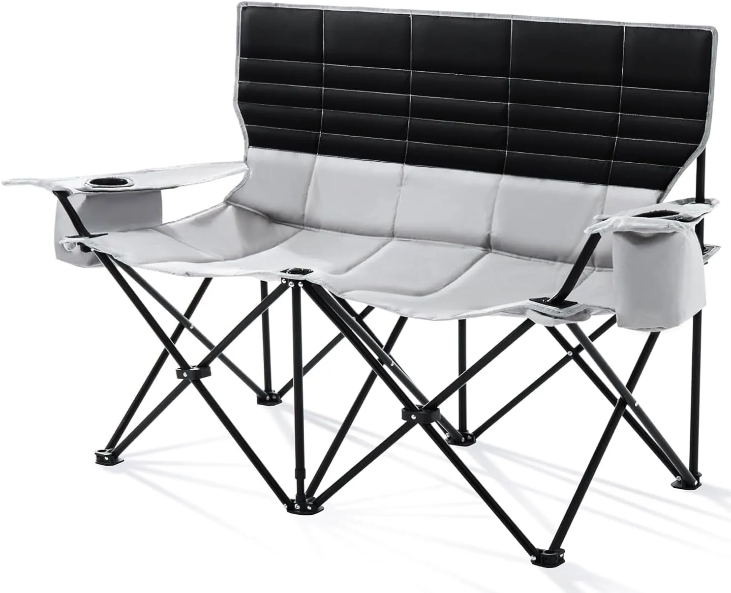 Double Camping Chair for Adults Folding Loveseat 2 Person Camping Couch with Cooler Bag Heavy Duty Oversized Lawn Chair Support 550 lbs for Outdoor Sports Fishing Beach Travel, Picnic, Gray