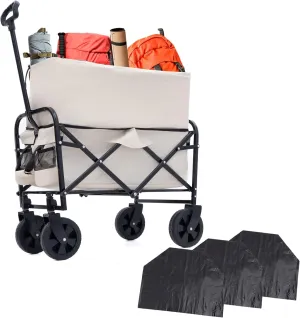 Double Decker Wagon Collapsible Cart with Wheels, Foldable Wagon for Beach Gardening and Picnics, Yard Grocery Cart with 3pcs Plastic Liner Bag/Cover and 360° Rotating Wheels(Gray)