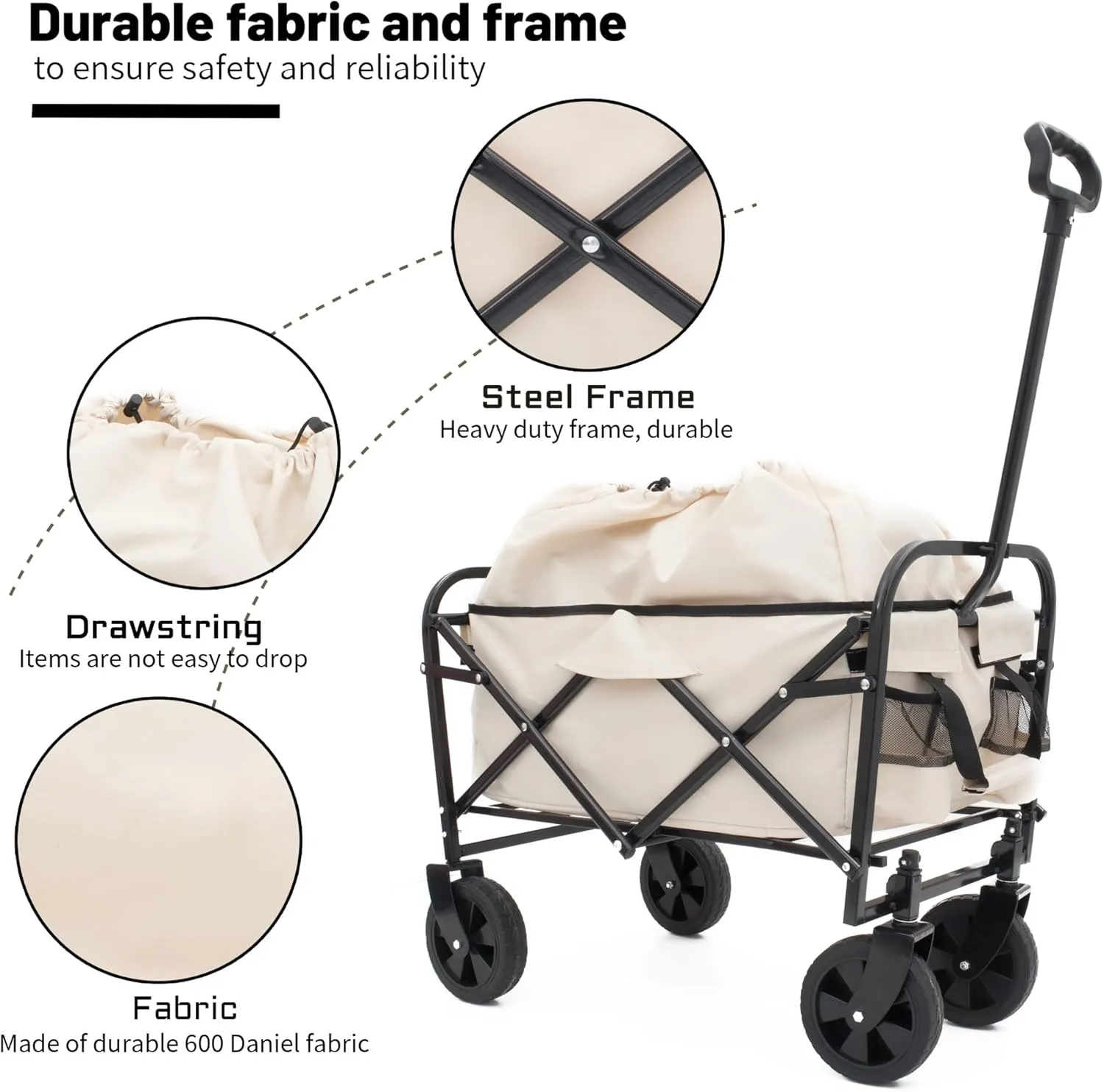 Double Decker Wagon Collapsible Cart with Wheels, Foldable Wagon for Beach Gardening and Picnics, Yard Grocery Cart with 3pcs Plastic Liner Bag/Cover and 360° Rotating Wheels(Gray)